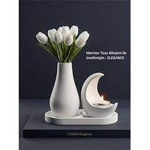 13cm Çiçek Pampas Vazosu & 11cm Hilal Mumluk & 17cm Oluklu Tepsi 1 Adet Tealight Mum Hediyeli 15063396