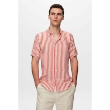 Ds Damat Slim Fit Kırmızı Gofre Çizgili Kısa Kollu Yazlık Gömlek 8HC02ORT04265 Kırmızı
