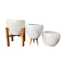 BİTKİ TASARIMI EV DEKORASYON BEYAZ ÜZERİ GOLD MERMER EFEKTLİ TOPRAK SAKSI SAKSILIK SALON ÇİÇEKLİK ÜÇLÜ SET - 15 CM