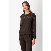 On Fashion Kolları Ve Yakası Pencere Detaylı Kahverengi Sweatshirt 66322 Kahve