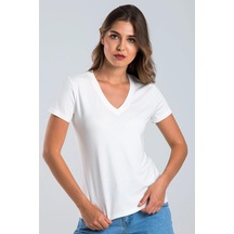Kadın Ekru Renk V Yaka Kısa Kollu Viskon T-shirt Beyaz