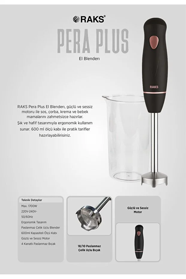 Raks Pera Plus 1700 Watt Paslanmaz 4 Bıçaklı 600 ML ölçme Kabı El Blenderı