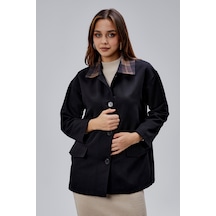 Mia Siyah Ekose Yaka Cepli Oversize Trençkot