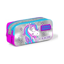 Coral High Kids Pembe Gümüş Simli Unicorn Desenli İki Bölmeli Kalem Çantası 22291 Çok Renkli