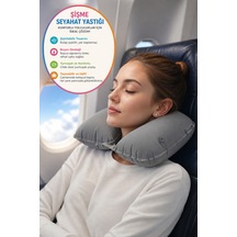 Gri Şişme Seyahat Boyun Yastığı Uçak Araç Kamp İçin Ergonomik Taşınabilir Travel Yastık