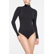Banega Uzun Kollu Yarım Balıkçı Yaka Çıtçıtlı Zıbın Siyah Body Siyah