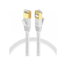 Cat7 Ethernet Kablosu 1 Metre - 10gbps Ye Kadar Veri Aktarımı - Fabrikasyon Rj45 Konnektörlü - Yassı Flat Tasarım - 600mhz - Beyaz