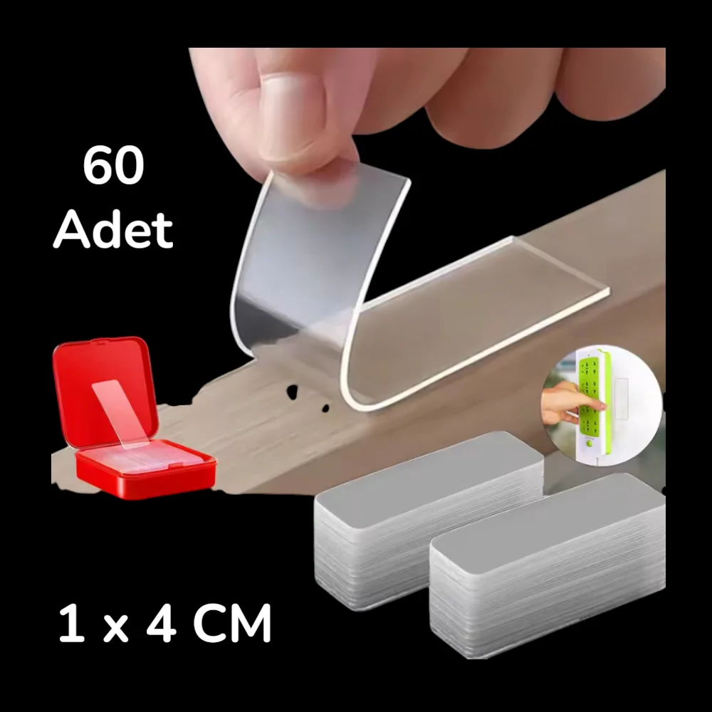 60 Lı Güçlü Şeffaf Çift Taraflı Monte Bant Seti Çok Amaçlı Yapıştırıcı Çözüm 1 X 4 Cm