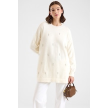 Olcay Taş Detaylı Soft Kumaş Oversize Triko Kazak Ekru 8290