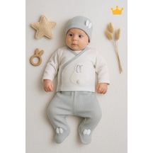 Babyhola Tavşan Kulak Kız Erkek Bebek Yenidoğan 8'li Zıbın Seti 0-3 Ay Hastane Çıkışı 6017 Gri