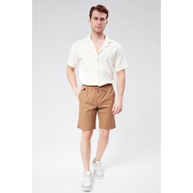 Braccas Erkek Beli Lastikli Bağcıklı Pamuk Keten Karışımlı Slim Fit Jogger Şort Vizon Vizon