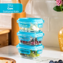 Porsima 4376 3lü Kilitli Sızdırmaz Kapaklı Yiyecek Erzak Saklama Kabı Seti - Cam Saklama Kabı - 150ml Mavi Mavi