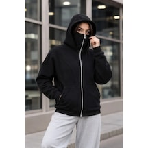 Kadın Maskeli Ninja Model Çift Kapüşonlu 3 İplik Şardonlu Fermuarlı Oversize Sweatshirt - Siyah