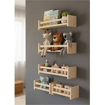 Ahşap Çocuk Odası Montessori Raf Kitaplık 4 Lü Set - Duvara Monte Oyuncak Rafı 100x40 Cm Bej