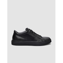 % 100 Hakiki Deri Siyah Bağcıklı Erkek Sneaker-siyah Siyah