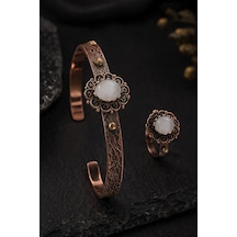 Kadın Bakır Bileklik Yüzük Set Doğal Yeşil Akik Taşlı Otantik Model Set Diğer