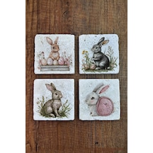 Doğal Taş Bardak Altlığı - Sevimli Tavşanlar Temalı 10x10cm Stone Coasters Çok Renkli