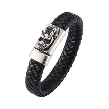 Novahub Moda Erkek Takı Siyah Deri Bileklik Charm Ejderha Kafası Paslanmaz Çelik Tokalı Bileklik Erkek Punk Takı Siyah Siyah