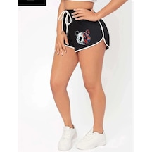 Kadın Yırtmaçlı Mini Panda Baskılı Penye Şort Siyah