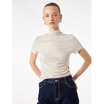 Koton Modal Karışımlı Slim Fit Drape Detaylı Dik Yaka Kısa Kollu Tişört Ekru 6sak70014ek