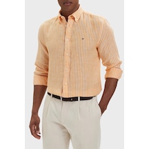 Tommy Hilfiger Çizgili Keten Regular Fit Uzun Kollu Gömlek Erkek Gömlek Mw0mw42400 0dm Orange-beyaz