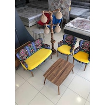 Azra Mobilya Çay Seti Oturma Grubu Oturma Takımı Koltuk Takımı Ahşap Mobilya Takımı Balkon Bahçe Mobilyası Etnik Desen Sarı