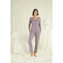 Ang Butik Kadın Yakası Kolu Ve Omzu Dantelli Boydan Düğmeli Pijama Takımı Gri