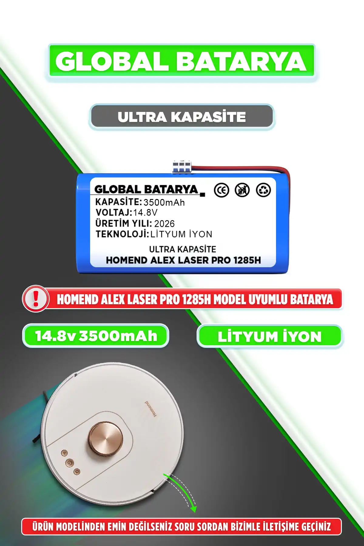 Homend Alex Laser Pro 1285h Robot Süpürge Bataryası 14.8v 3500mah Li-ion Pil Ultra Kapasite