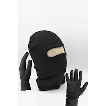 Külah Erkek Kar Maskesi + Polar Eldiven Kışlık Set-Siyah-Standart