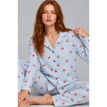 Fit Women Kadın Kiraz Desenli Pötikare Mavi Pijama Takımı 4792