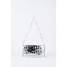Vivaq Kadın Croco Gümüş Zarf Tasarım 2 Bölmeli Mini Zincir Askılı Çıt Çıt Kapama Clutch Ve El Çantası