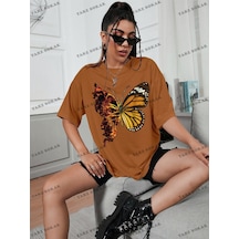 Flood Of Style Unisex Bay Kelebek Desenli Düşük Omuz Oversize Tişört Kod-1328 Kahverengi