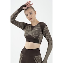 Maraton Active Slimfit Kadın Bisiklet Yaka Uzun Kol Fitness Kahverengi Crop Top 816013 Kahverengi