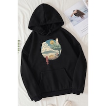 Uyguntarz Unisex Neighbor's Ukiyo E Baskılı Bisiklet Yaka Sweatshirt Siyah