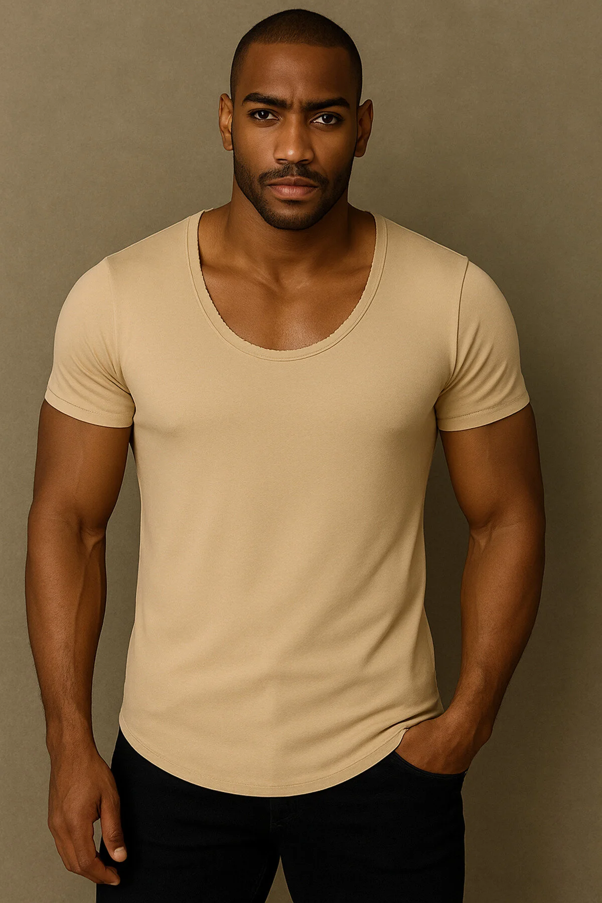 Premium Kalite Erkek Bej Geniş Yaka Tam Likralı Alt Oval Slim Kesim Tişört T-shirt Bej