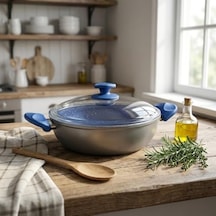 Argos 26 Cm Karnıyarık Tenceresi - Gri Gövde Ve Mavi Kırçıllı Özel Kaplama - Ergonomik Tasarımlı - Cam Kapaklı 12v