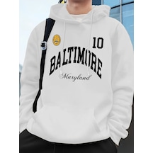 Startmore Tarzsokak Baltimore Maryland Amblemi Baskılı Kapüşonlular Erkek Sportif Gevşek Tişörtü Kış Polar Sıcak Beyaz