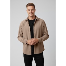 Deepsea Erkek Bej Kadife Fitilli Rahat Kesim Gömlek Yumuşak Dokulu Likralı Kadife Gömlek 2600758 Bej