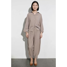 Benerly Kadın Büyük Beden Oversize Gömlek Yaka Uzun Kol Bol Paça Pantolon Vizon