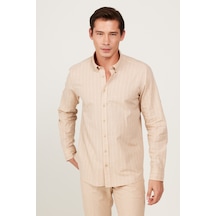 AC&Co / Altınyıldız Classics Erkek Bej Slim Fit Dar Kesim %100 Pamuk Düğmeli Yaka Çizgili Gömlek Bej