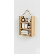 Doğal Ahşap Banyo Rafı - 3 Katlı Duvar Rafı - Askılı Dekoratif Raf 60x30 Cm Bej