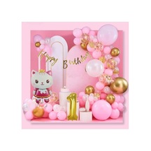 Sevimli Kedi Gold 1 Yaş Folyo Balonlu Pembe Gold Konsept Doğum Günü Parti Seti Genel