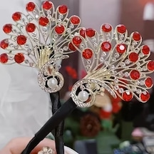 Hightower Kırmızı Vintage Saç Topu Yapıcı - Yeşil Ve Şeffaf Taşlı Zarif Tavuskuşu Tasarımı Kırmızı