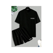 Unisex Siyah Alt-üst Tshirt Şort Kombini Paris Baskılı Takım