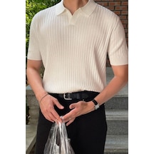 Cool Tarz Beyaz Erkek Fitilli Polo Yaka Triko T-shirt Beyaz Beyaz