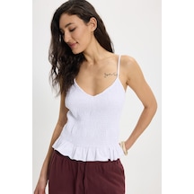 Tudors Kadın Slim Fit Dar Kesim %100 Pamuk Askılı Büzgülü V Yaka Beyaz Bluz-50369