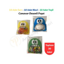 30 Adet Sarı-mavi-yeşil Renkli Canavar Desenli Cake Pop & Kurabiye Poşeti-10x15 Cm