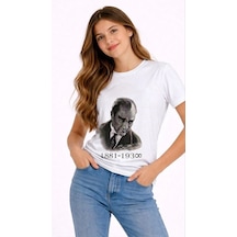 Kız Çocuk Atatürk Baskılı Tişört Kısa Kollu Bisiklet Yaka T-shirt - Beyaz Çok Renkli
