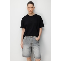 Mixray 4852 Kadın Yırtmaçlı Oversize Basic %100 Pamuk T-shirt Siyah Siyah
