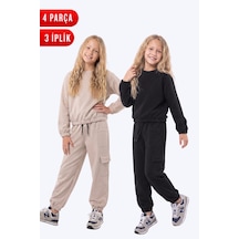 Panios Kids 3 İplik Kız Çocuk Düz Kısa Bel Sweatshirt Bisiklet Yaka 2'li Eşofman Takımı Bej-siyah